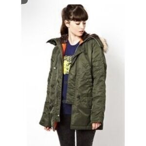 POP ENGLAND‎ Winter Fur Hood Green Zip Up Jacket Coat Women's Size XS